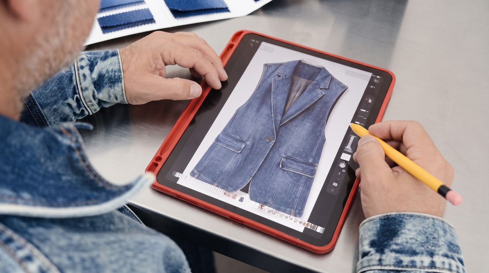 Designer da CRIARE desenhando um colete de jeans no tablet, com cartela de tecidos denim sobre a mesa