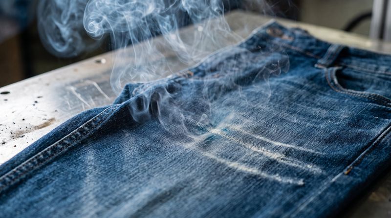 Laser gravando bigodes de desgaste em uma calça jeans, com fumaça saindo do tecido